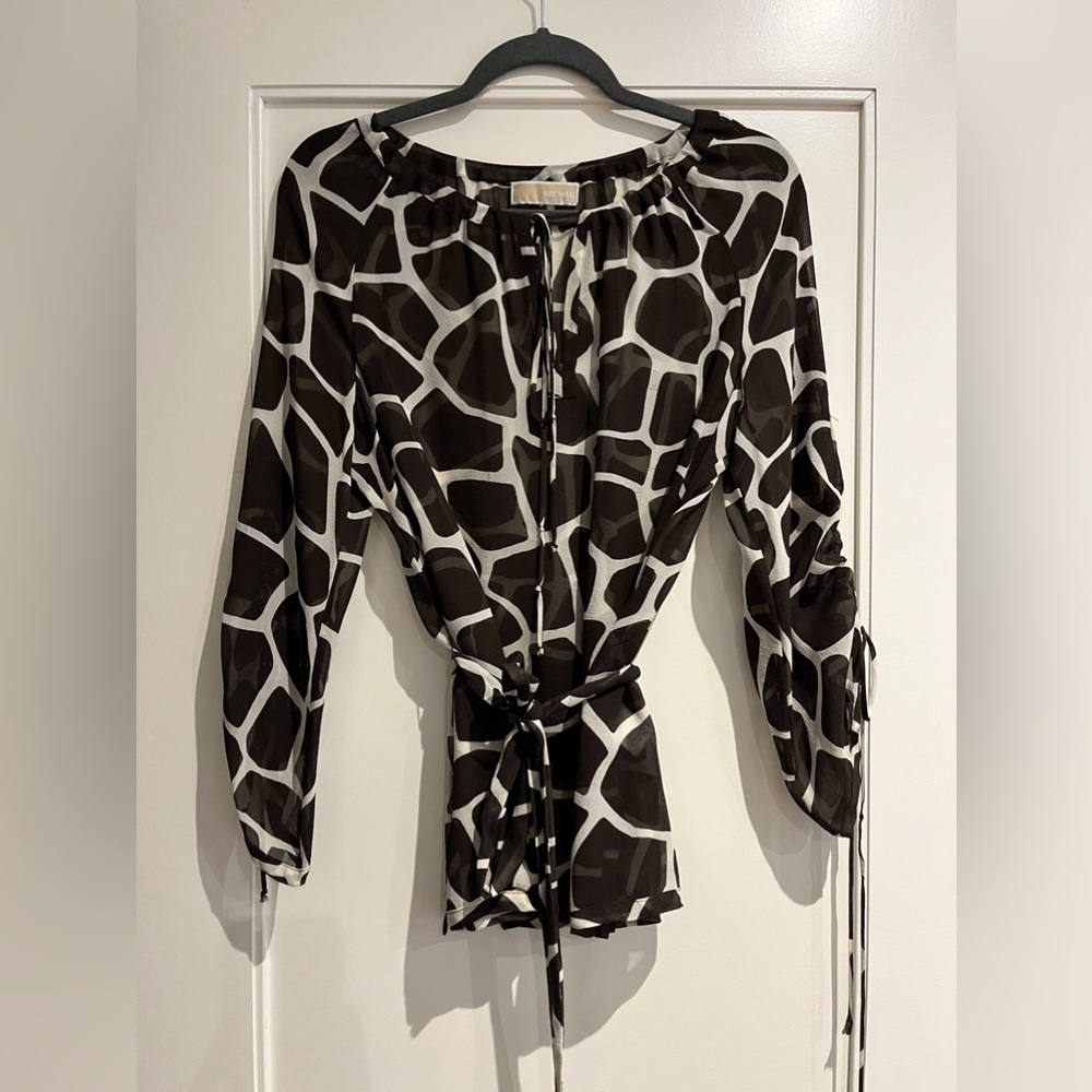 MICHAEL KORS Silk Blouse, Brown and White, Size L
